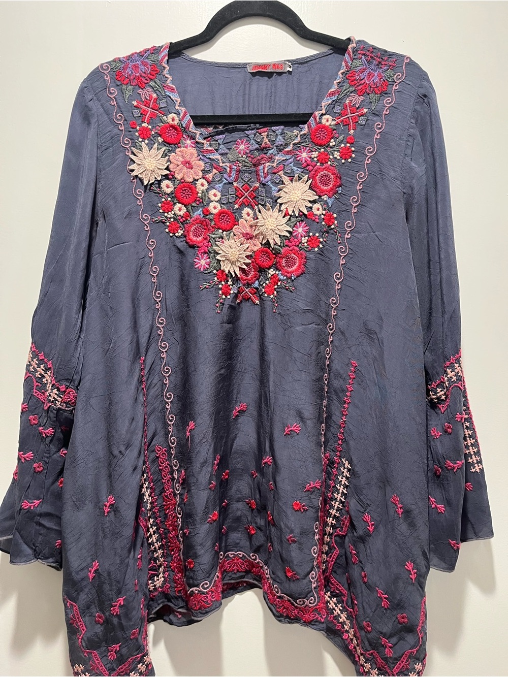 Johnny Was Navy Tunic with Pink & Cream Floral Embroidery